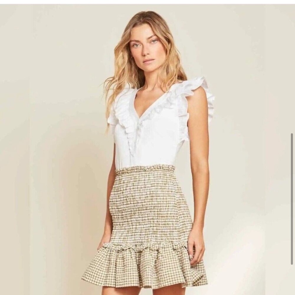 Veronica Beard Aloya Smocked Gingham Mini Skirt Green Ruffle Hem Size L NWT - Picture 5 of 11